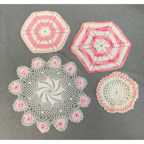Handmade Crochet Doilies Set Of 4 Pink & White Vintage Style Decorative - Picture 1 of 7